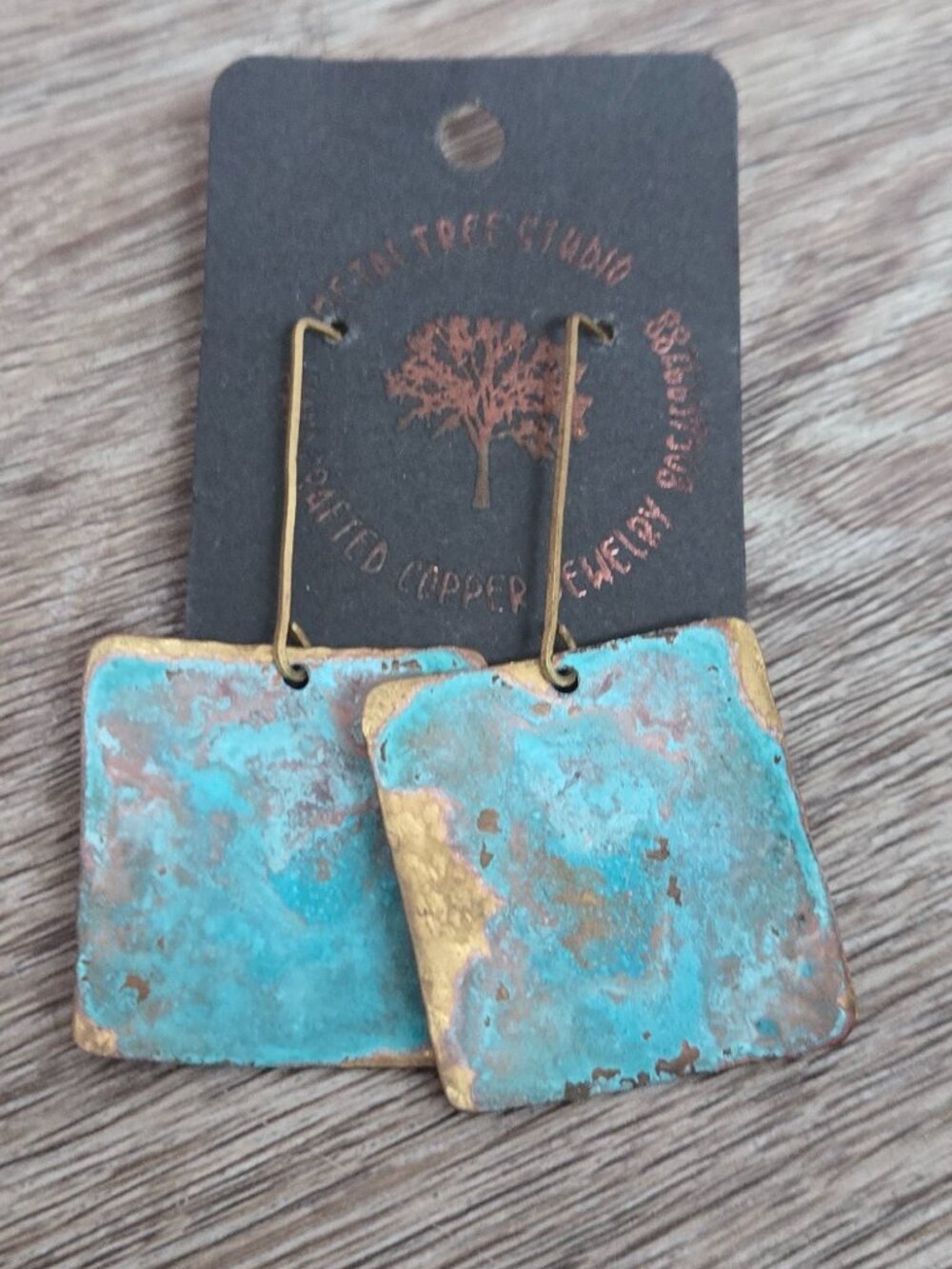Metal Tree Studio Artisan Brass Turquoise Patina Square Earrings - Picture 2 of 6